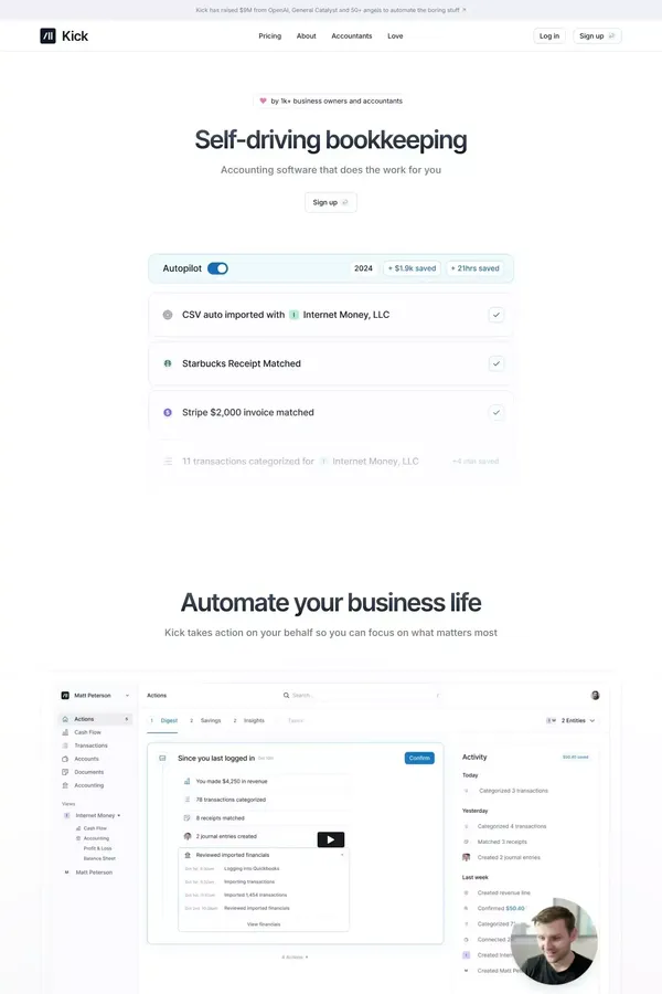Kick | Self-Driving Bookkeeping - Landing design inspiration