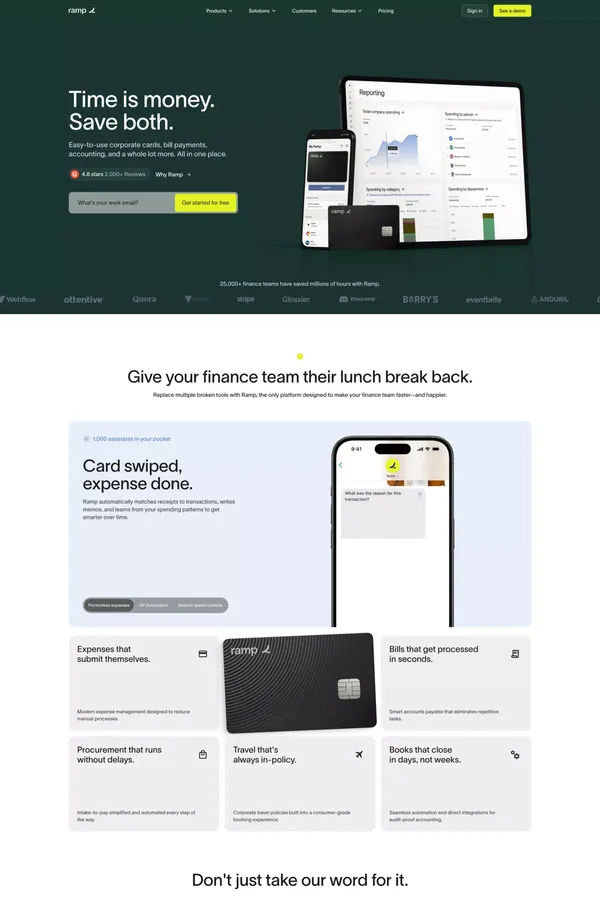 Spend Management, Corporate Cards & Accounts Payable Solutions | Ramp - Landing design inspiration