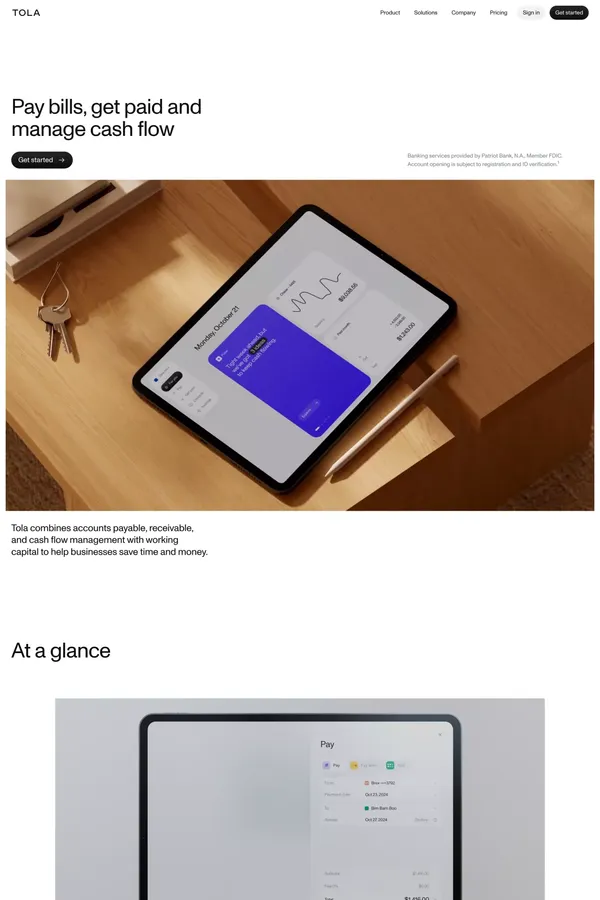 Tola - Accounts payable, accounts receivable and cash flow management - Landing design inspiration