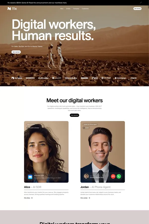 11X – Digital workers, Human results - Landing design inspiration