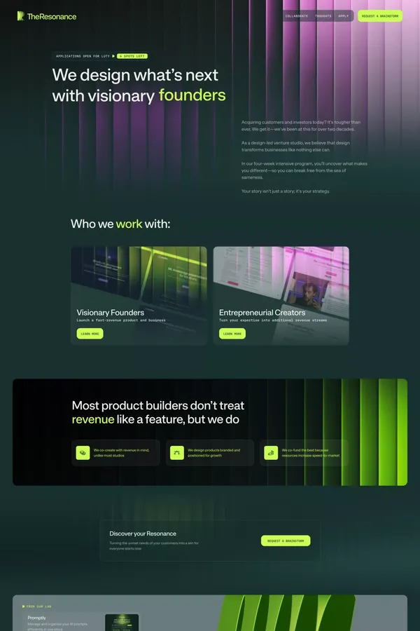 The Resonance | A design-led Venture studio for entrepreneurs - Landing design inspiration