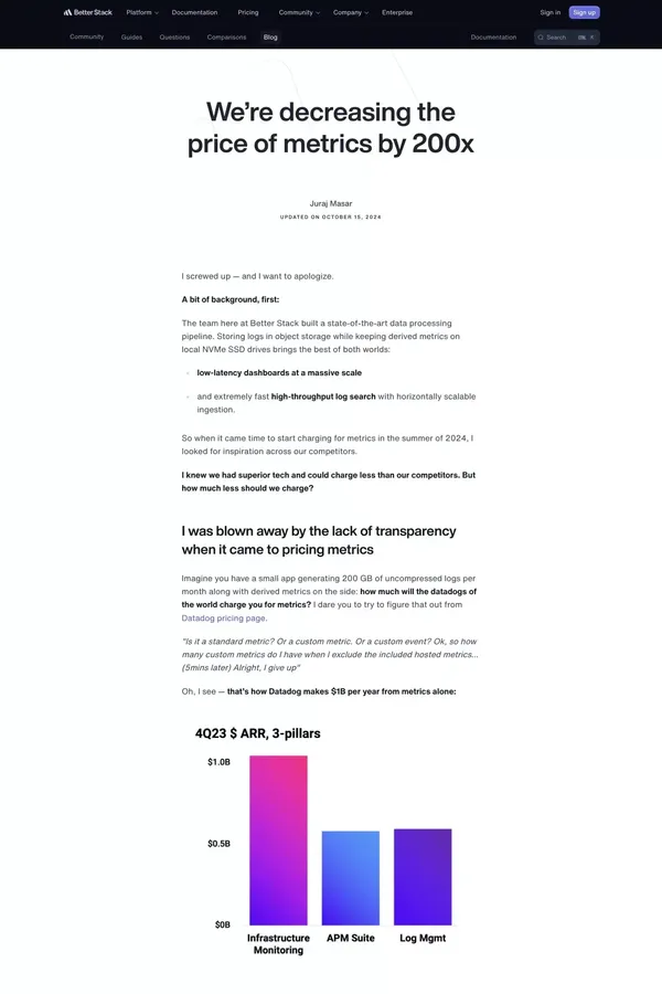 We’re decreasing the price of metrics by 200x | Better Stack Community - Blog Post design inspiration