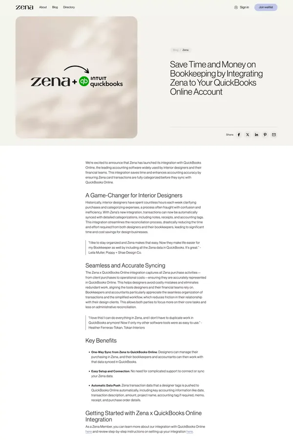 Save Time and Money on Bookkeeping by Integrating Zena to Your QuickBooks Online Account - Blog Post design inspiration