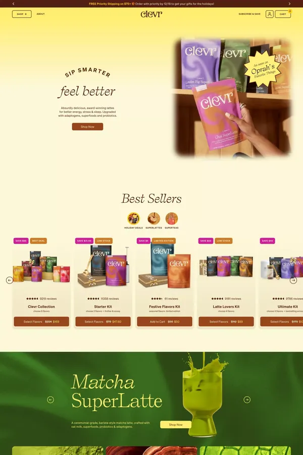 Clevr Blends | Superfood Lattes and Teas - Ecommerce design inspiration