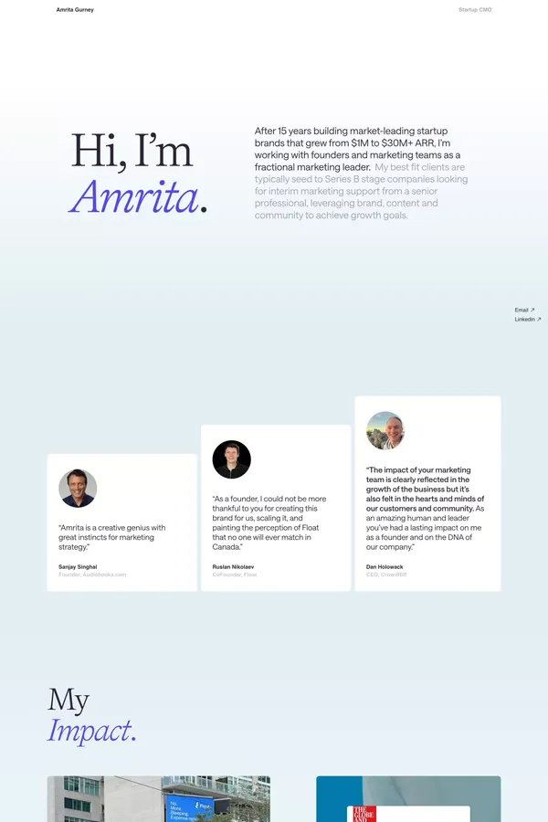 Amrita Gurney | Fractional CMO for Seed to Series B Startups - Portfolio design inspiration