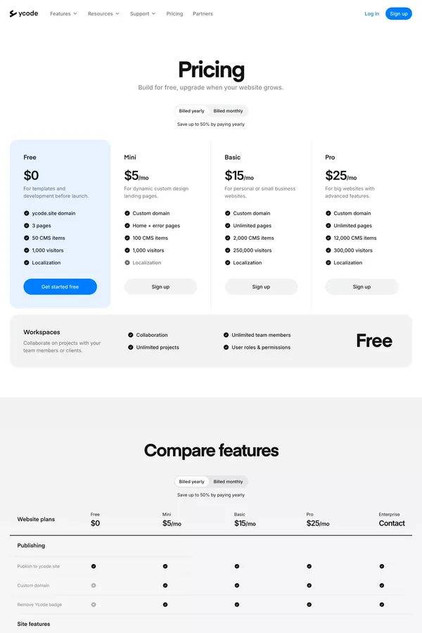 Ycode Pricing - Pricing design inspiration