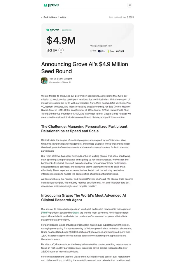 Announcing Grove AIâs $4.9 Million Seed Round - Blog Post design inspiration