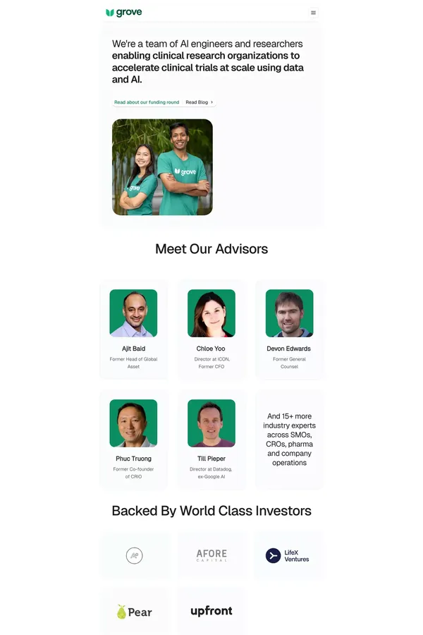 Grove: AI Clinical Trial Recruitment & Engagement - About Us  design inspiration