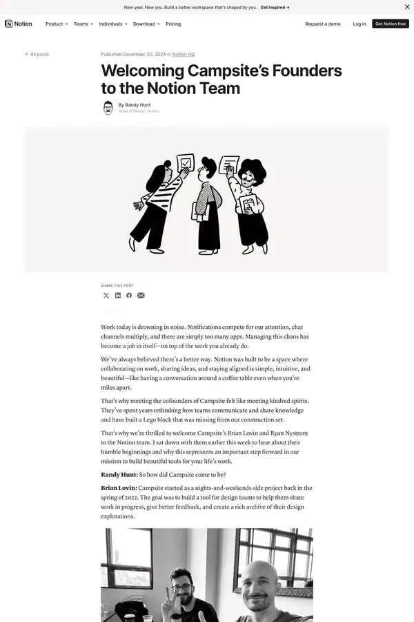Welcoming Campsite’s Founders to the Notion Team - Blog design inspiration