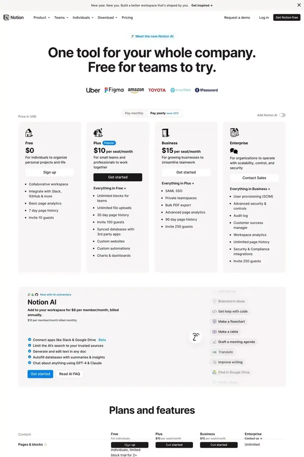 Notion Pricing Plans: Free, Plus, Business, Enterprise, & AI. - Pricing design inspiration
