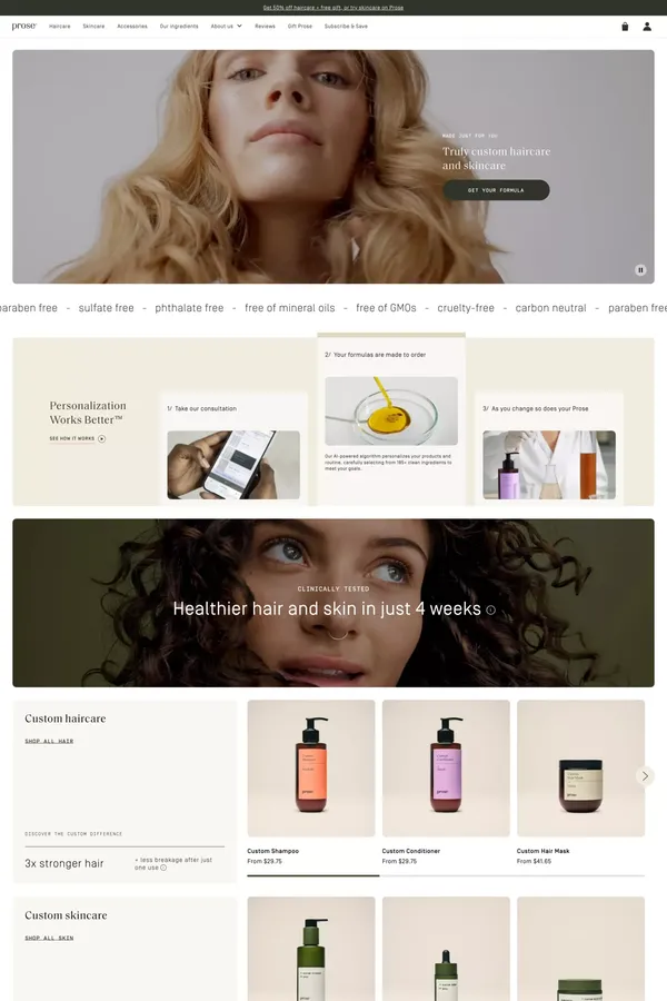 Truly Custom Haircare and Skincare | Prose - Ecommerce design inspiration