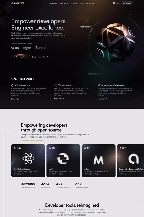 Transform Developer Experience | Invertase - Landing design inspiration