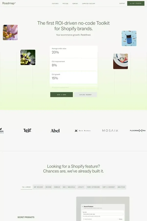 Roadmap | The first ROI-driven Toolkit for Shopify brands. - Landing design inspiration