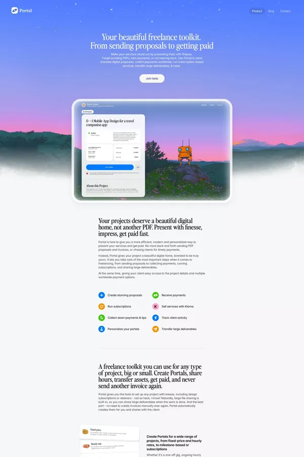 Portal - your beautiful freelance toolkit - Landing design inspiration