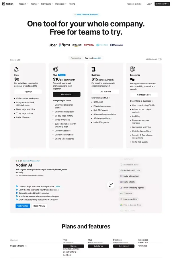 Notion Pricing Plans: Free, Plus, Business, Enterprise, & AI. - Pricing design inspiration