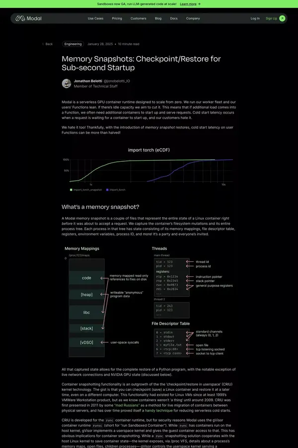 Memory Snapshots: Checkpoint/Restore for Sub-second Startup | Modal Blog - Blog Post design inspiration
