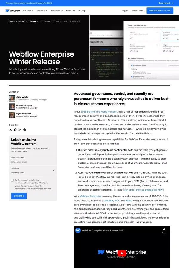 Webflow Enterprise Winter Release | Webflow Blog - Blog Post design inspiration
