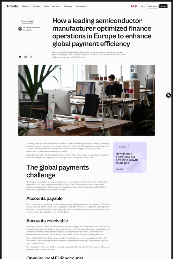 Finofo | Case Study | How a leading semiconductor manufacturer optimized finance operations in Europe to enhance global payment efficiency - Blog Post design inspiration