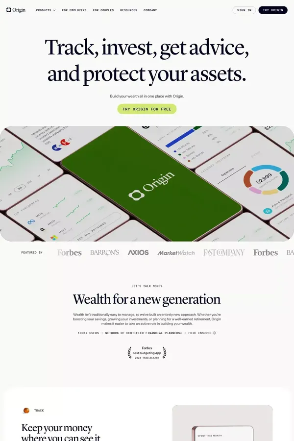 Origin - Budget, Track Spend, Invest, and Get Advice - Landing design inspiration