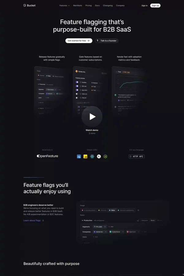 Bucket: Feature flagging that's purpose-built for B2B SaaS - Landing design inspiration