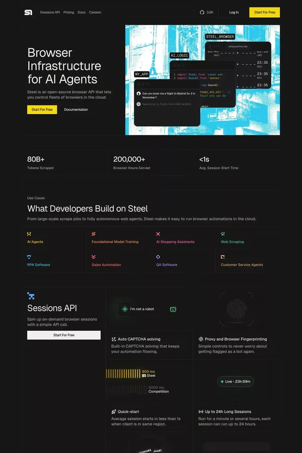 Steel | Open-source Headless Browser API - Landing design inspiration