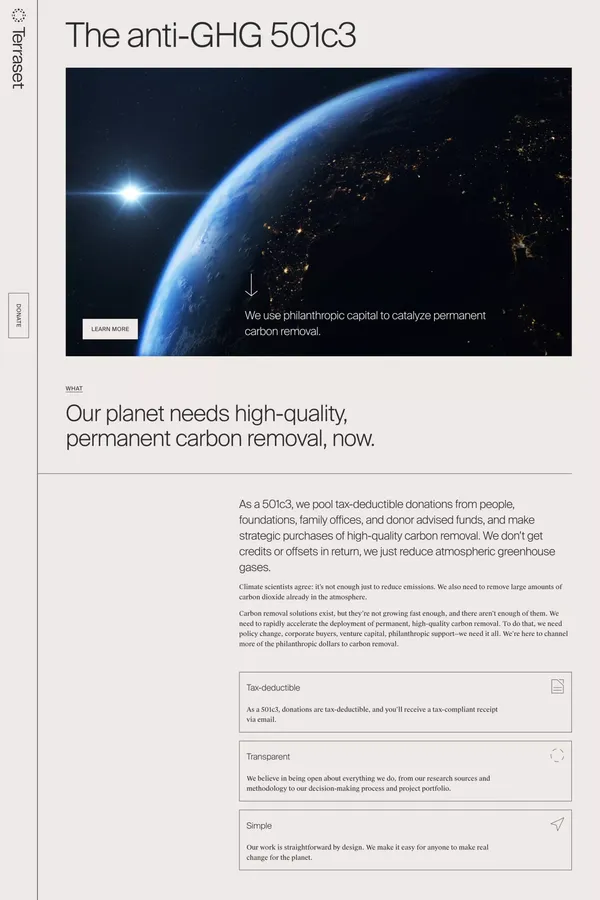 Terraset – The anti-GHG 501c3 - Landing design inspiration