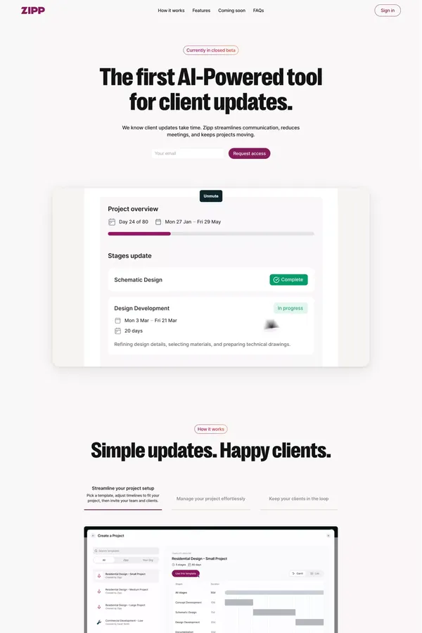 Zipp | Simple updates, happy clients - Landing design inspiration