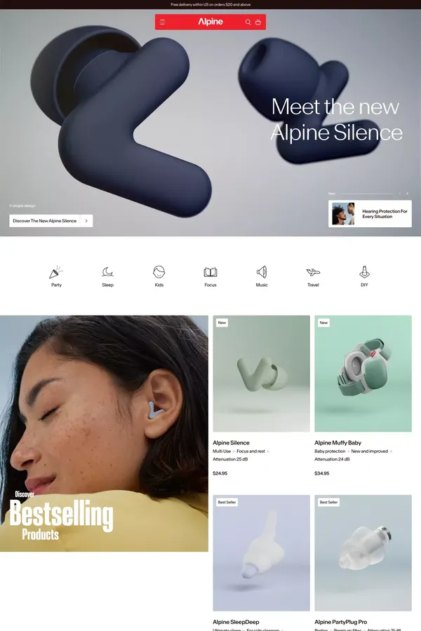 Alpine - No. 1 Hearing Protection for Every Situation - Ecommerce design inspiration