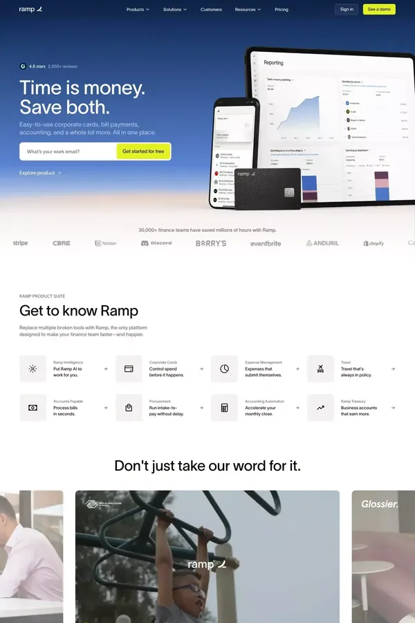 Spend Management, Corporate Cards & Accounts Payable Solutions | Ramp - Landing design inspiration
