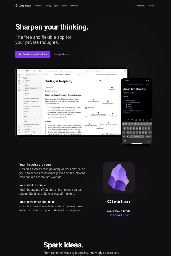 Obsidian - Sharpen your thinking - Landing design inspiration