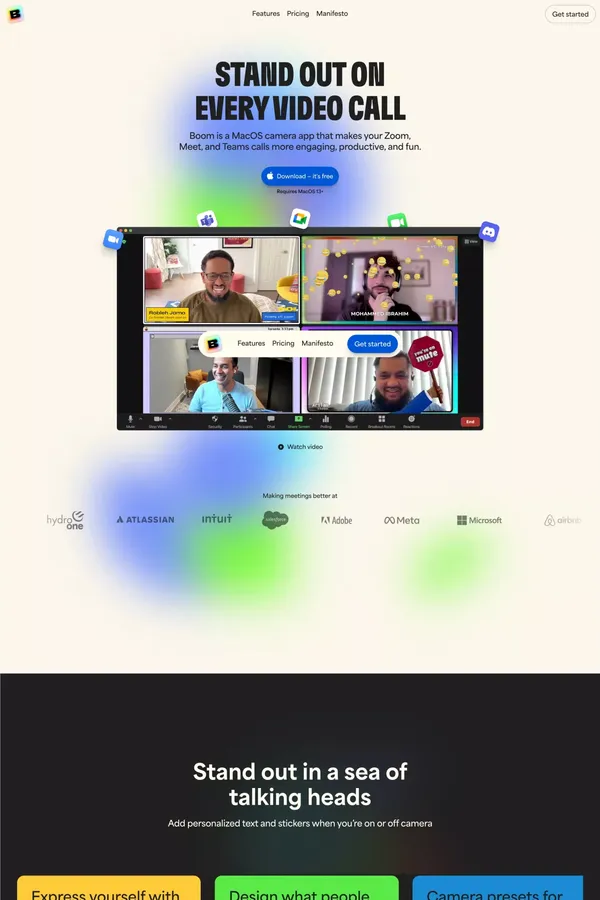 Get the Boom App: Bring the Boom to every video call - Landing design inspiration