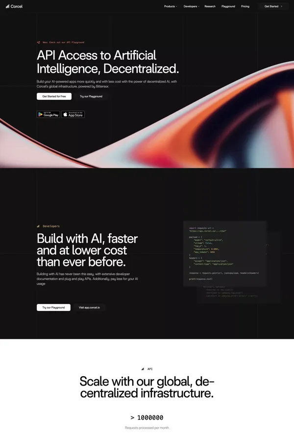 Corcel: API Access to Artificial Intelligence, Decentralized. - Landing design inspiration