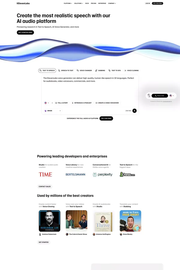 Free Text to Speech & AI Voice Generator | ElevenLabs - Landing design inspiration