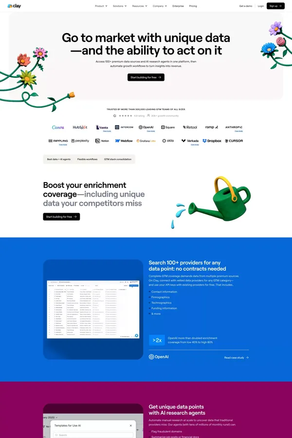 Clay |  Go to market with unique data — and the ability to act on it - Landing design inspiration