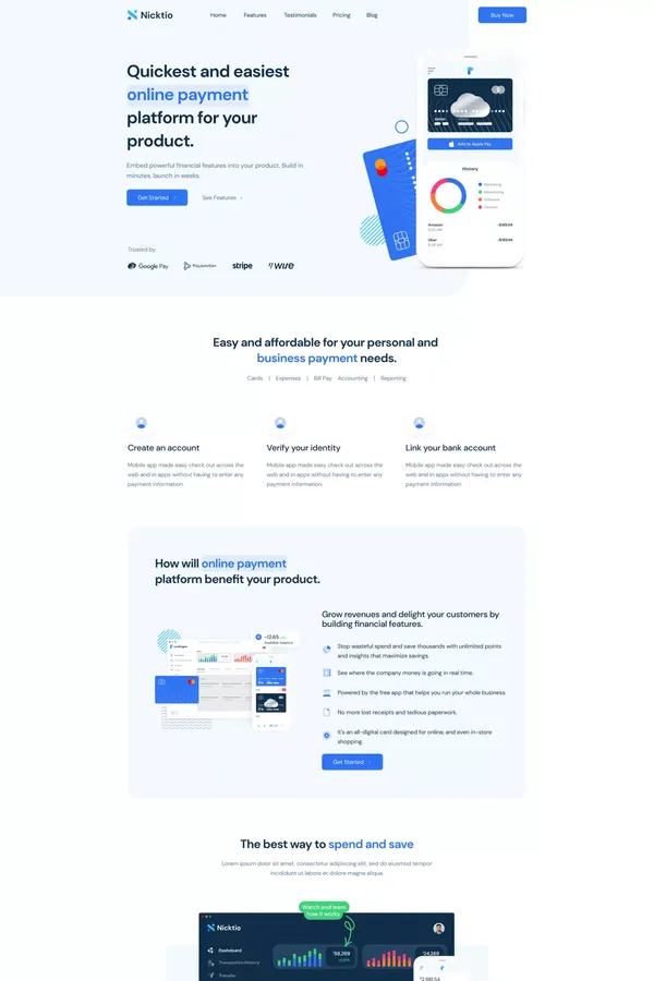 Nicktio NextJS Tailwind Website Template for Payment & Fintech Platforms