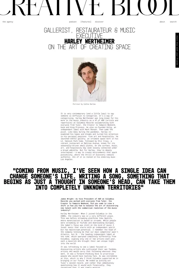 Gallerist, restaurateur & music executive - Creative Blood - Case Study design inspiration