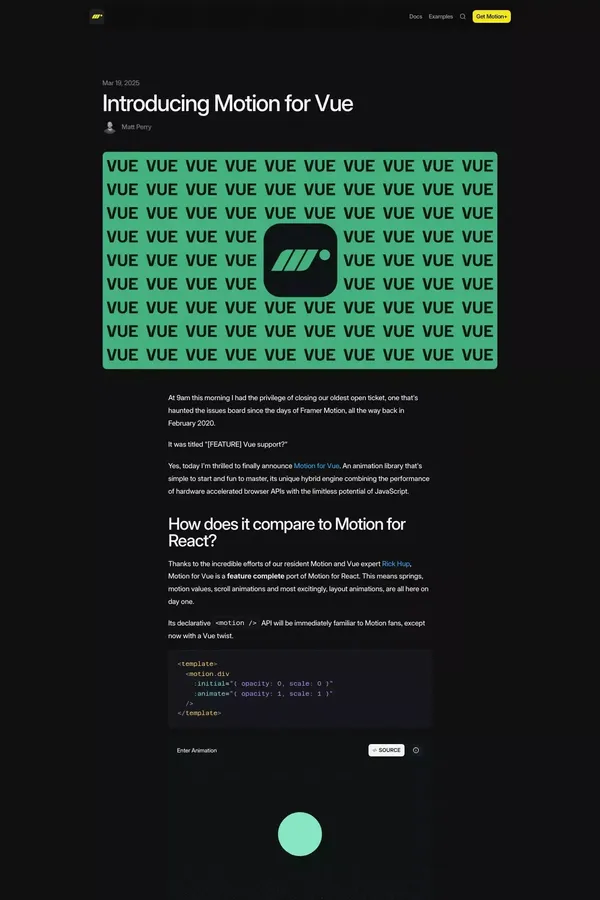 Introducing Motion for Vue - Motion Blog - Blog Post design inspiration