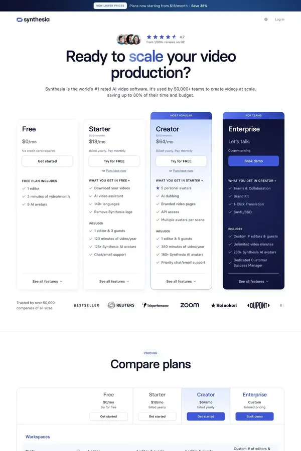 Synthesia Pricing | From $18 per Month - Pricing design inspiration