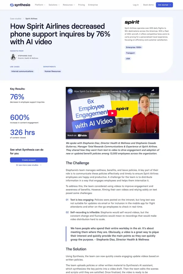 How Spirit Airlines decreased phone support inquires by 76% with AI video - Case Study design inspiration