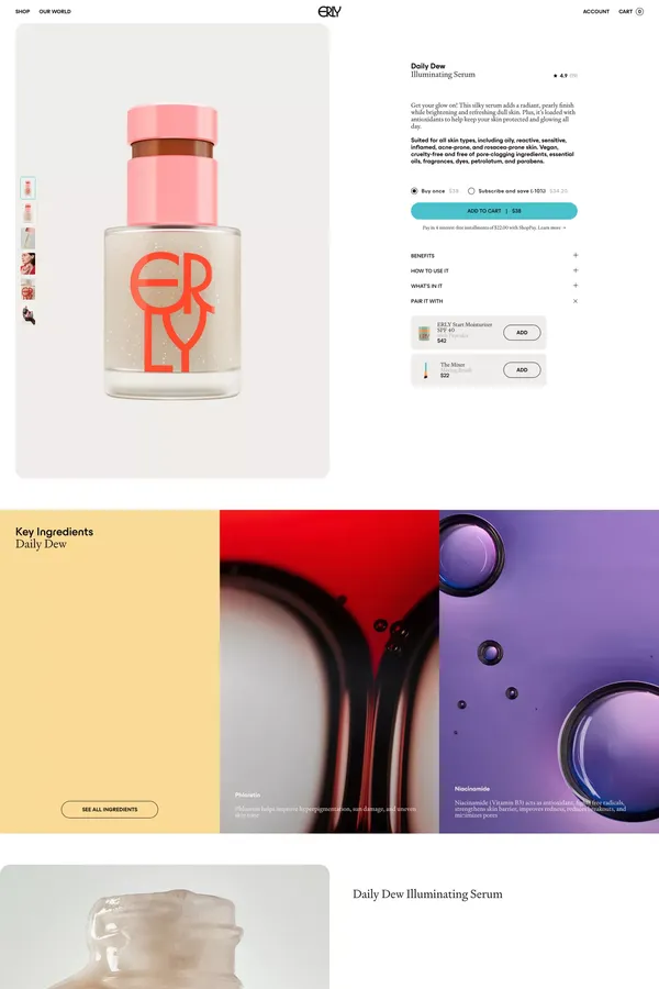 ERLY        |        ERLY Daily Dew | Brightening Serum for All Skin Types - Product page design inspiration