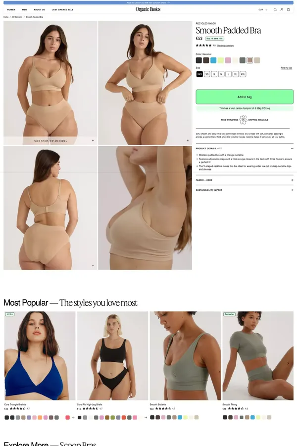 Buy Smooth Padded Bra | Fast Delivery | Organic Basics EU - Product page design inspiration