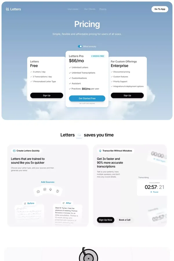 Letters Pricing - Affordable AI Medical Transcription & Letter Writing - Pricing design inspiration