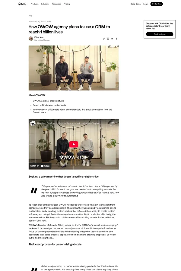 How OWOW agency plans to use a CRM to reach 1 billion lives - Blog Post design inspiration