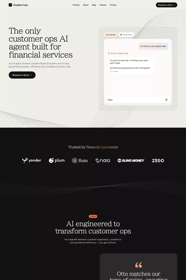 Gradient Labs · The only customer ops AI agent built for financial services - Landing design inspiration