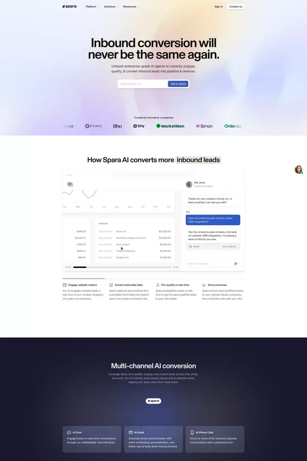 Spara - The AI-powered inbound conversion platform - Landing design inspiration