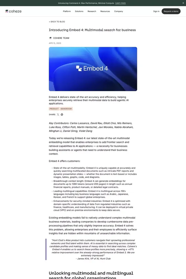 Introducing Embed 4: Multimodal search for business - Blog Post design inspiration