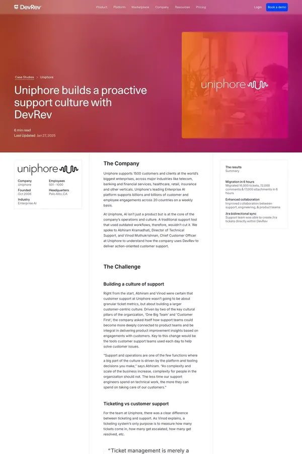 Uniphore builds a proactive support culture with DevRev - Case Study design inspiration