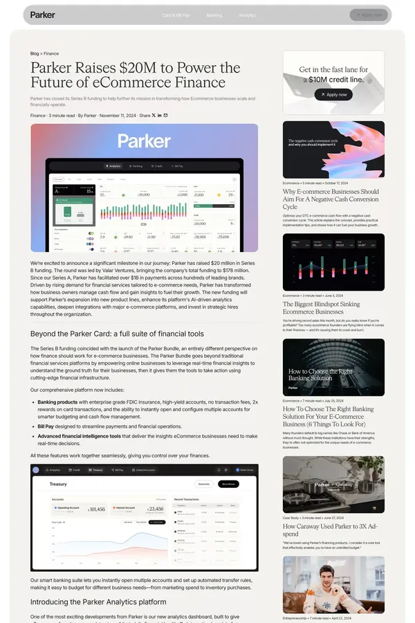 Parker Raises $20M to Power the Future of eCommerce Finance | Parker - Blog Post design inspiration