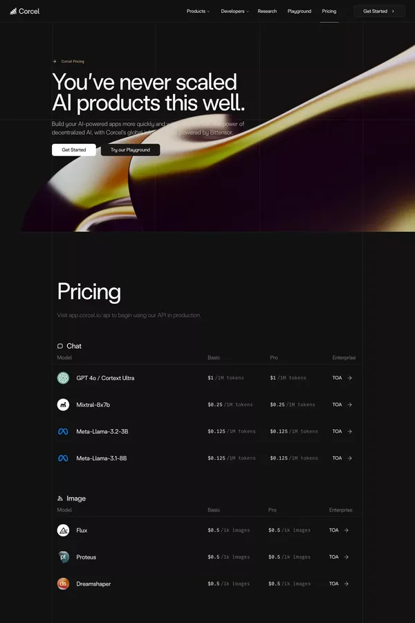 Corcel: API Access to Artificial Intelligence, Decentralized. - Pricing design inspiration