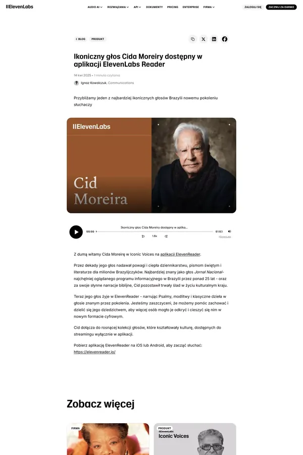 Ikoniczny głos Cida Moreiry dostępny w aplikacji ElevenLabs Reader | ElevenLabs - Blog Post design inspiration